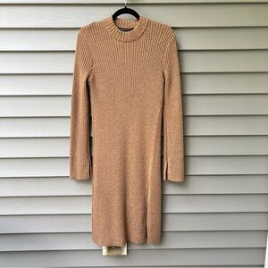 BCBGMaxAzria Sweater Dress M Light Brown Mock Neck Knit Midi Minimalist Chic